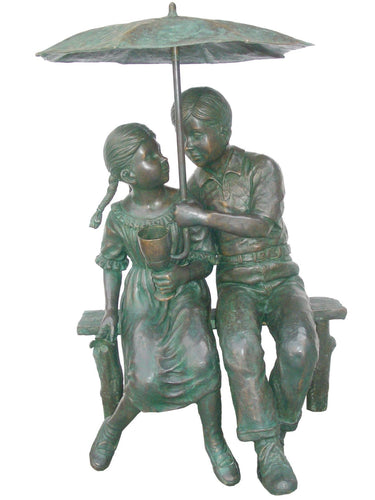 Boy and Girl with Umbrella Bronze Fountain Statue