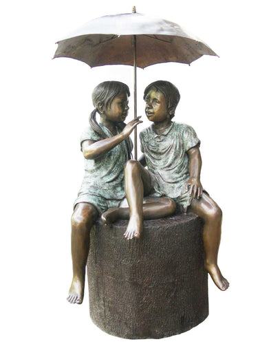 Bronze Boy & Girl Fountain with Umbrella Statue