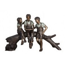 Reading Children on Log Bronze Sculpture