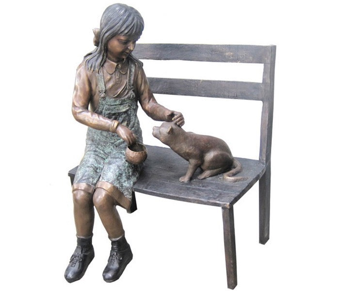 Large Bronze Girl with Cat on Bench Statue