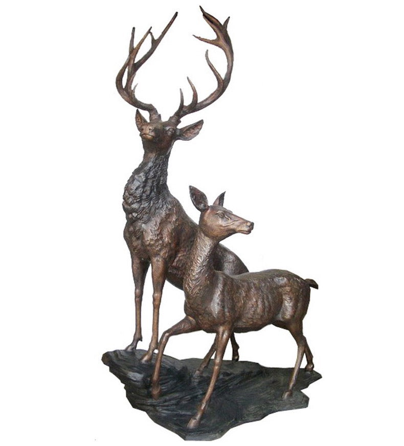 Bronze Life Size Buck and Doe Deer Statues on Base