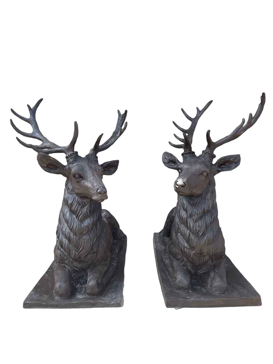 Bronze Lying Down Deer Sculptures Pair