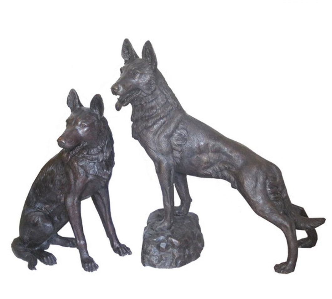 Large Bronze German Shepherd Statues Pair