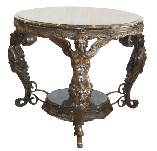 Bronze Angel Caryatid Round Accent Table with Marble Top