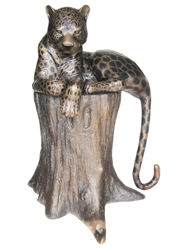 Bronze Resting Cheetah Statue on Tree Trunk