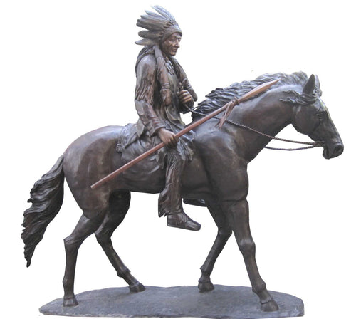 Bronze Life Size Native Indian Chief on Horse Statue - 93”H