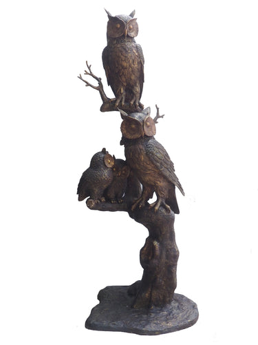 Bronze Family of Owls on a Tree Statue