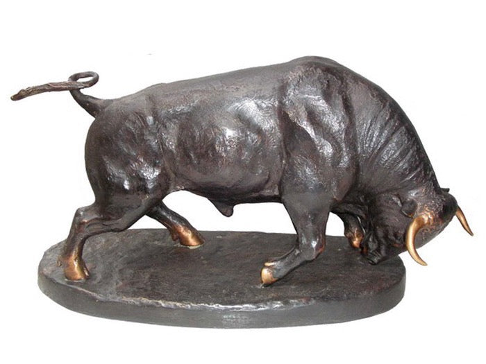 Bronze Charging Spanish Bull Sculpture on Base