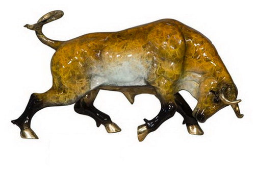 Bronze Charging Bull Sculpture in Special Patina