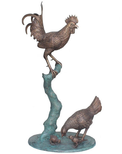 Bronze Rooster, Hen & Chick Statues