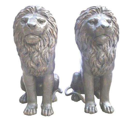 30”H Bronze Sitting Lion Sculptures Pair