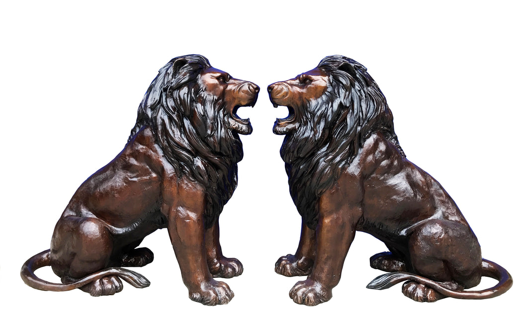 39”H Bronze Sitting Lion Sculptures Pair