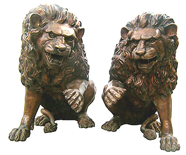 30”H Bronze Sitting Lion Roaring Sculptures Pair