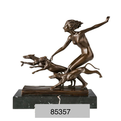 Goddess Diana Running with Greyhounds Bronze Statue