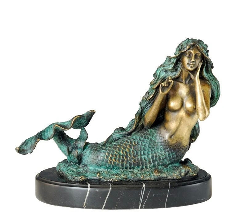 Bronze Mermaid Sculpture on Marble Base II