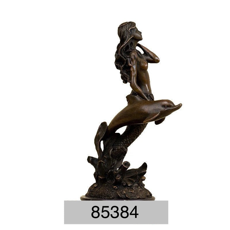 Thoughtful Mermaid with Dolphin Bronze Figurine