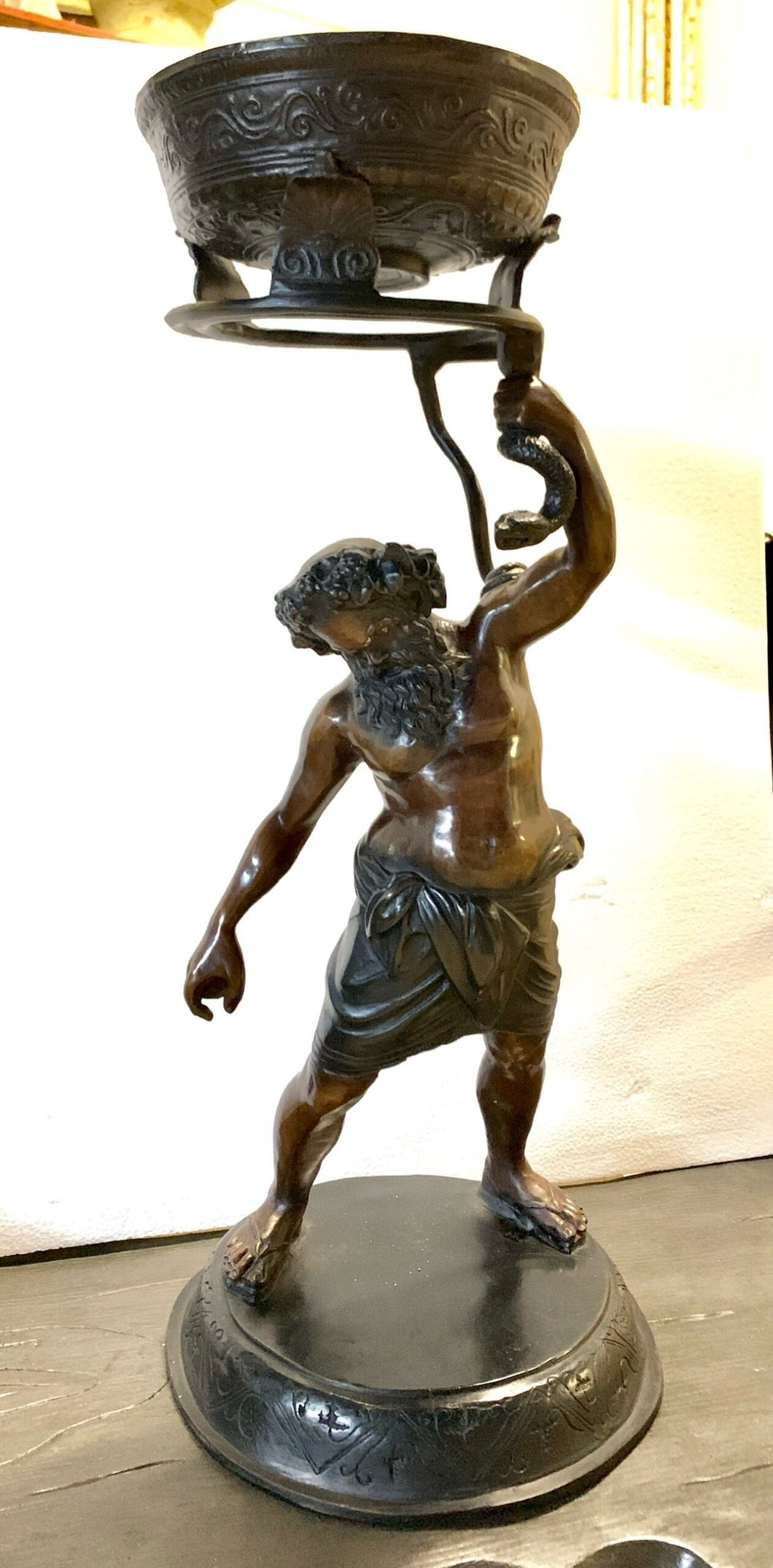 Greek God Dionysus Holding Bowl Bronze Statue - 25”H