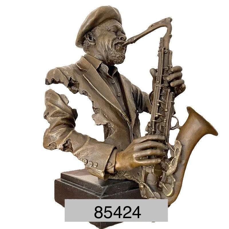 Bronze Black Male Musician Bust with Saxaphone Statue - 12”H