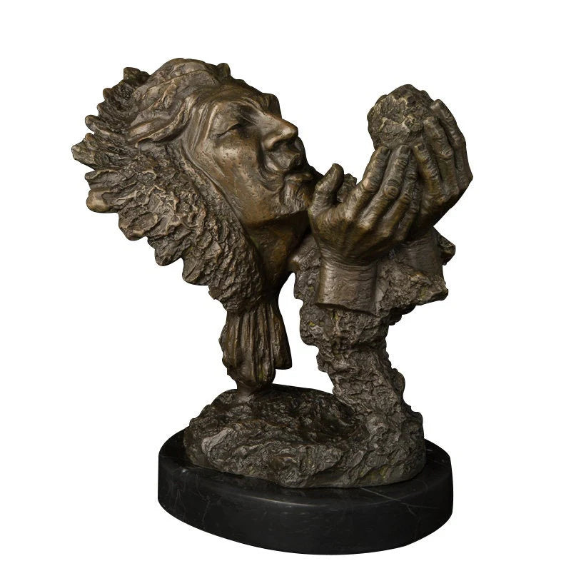 Bronze Native American Indian Chief Bust Statue - 10”H