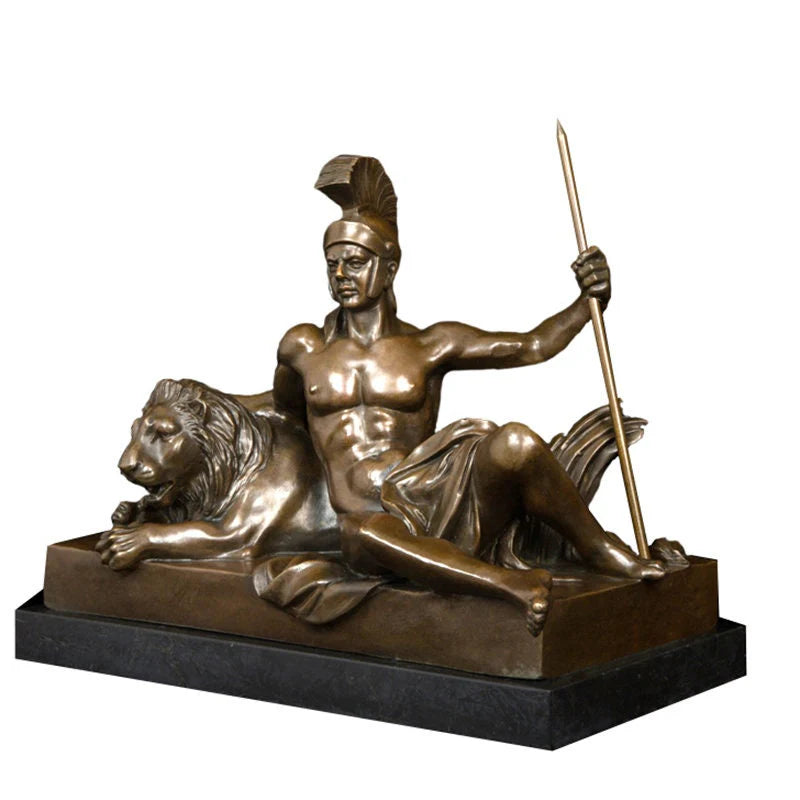 Bronze Roman Centurion with Lion Tabletop Sculpture