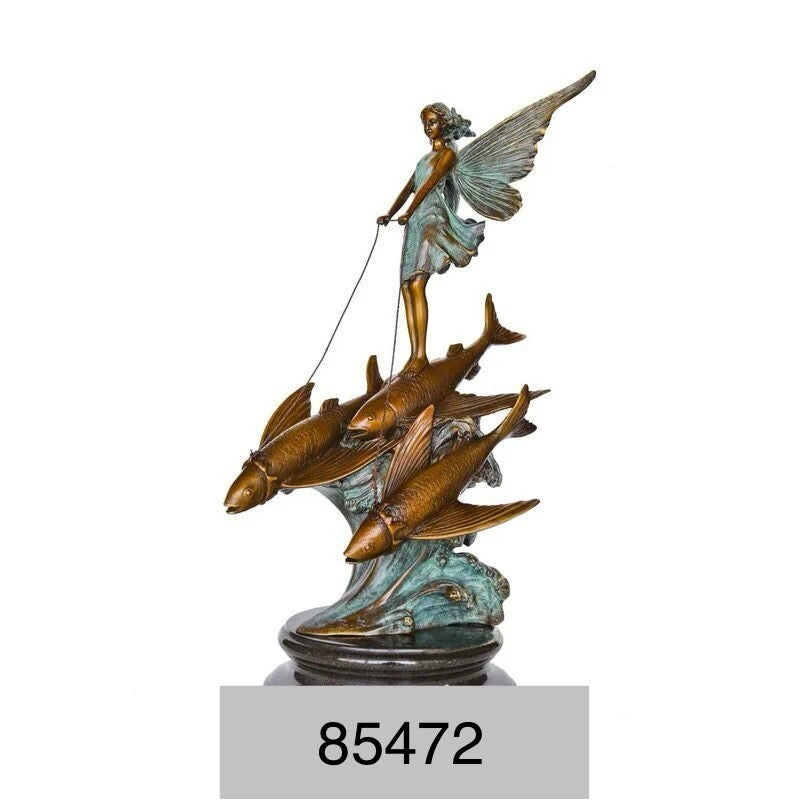 Bronze Fairy Girl on the Waves Sculpture on Marble Base