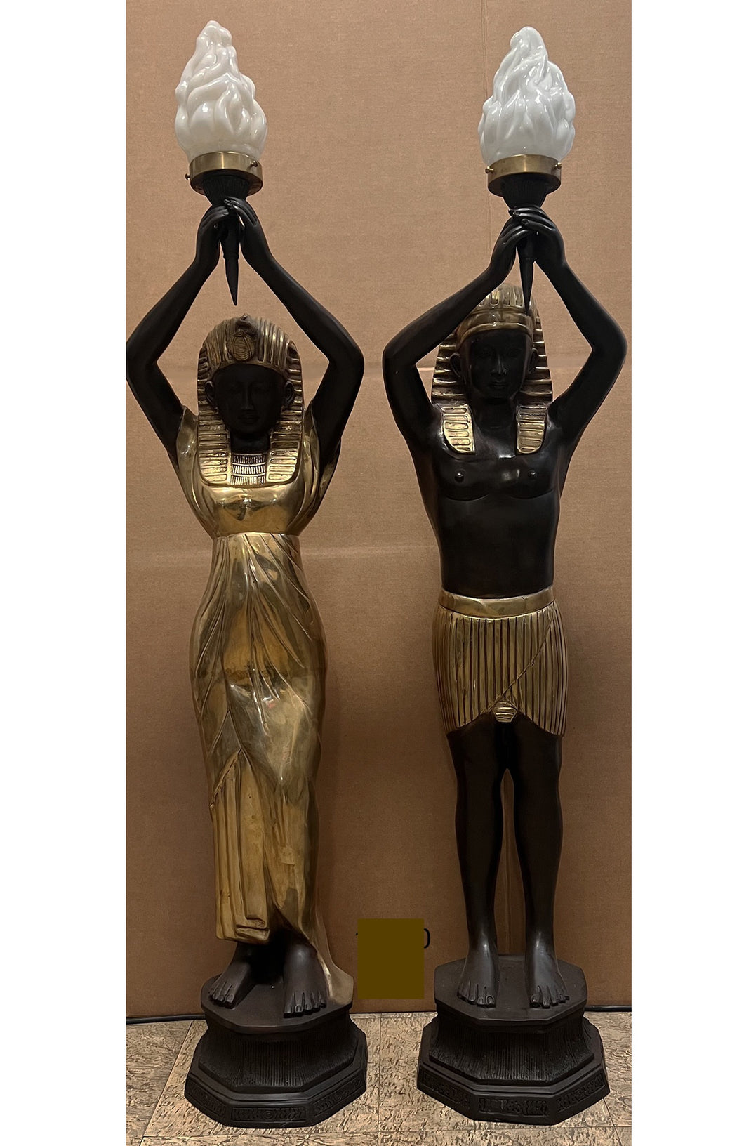 Pair of Life-Size Bronze Egyptian Pharaoh Lamp Statues with Torchieres