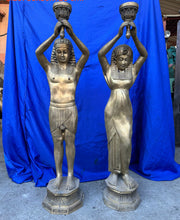 Load image into Gallery viewer, Pair of Antique Bronze Egyptian Floor Lamp Statues with Torchieres