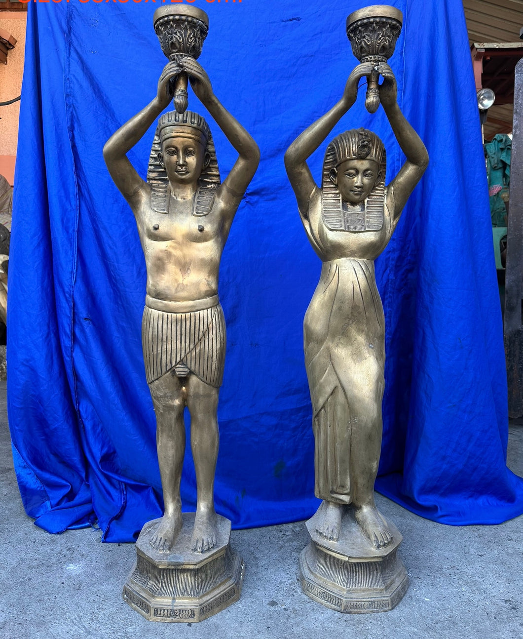 Pair of Antique Bronze Egyptian Pharaoh Floor Lamp Statues with Torchieres