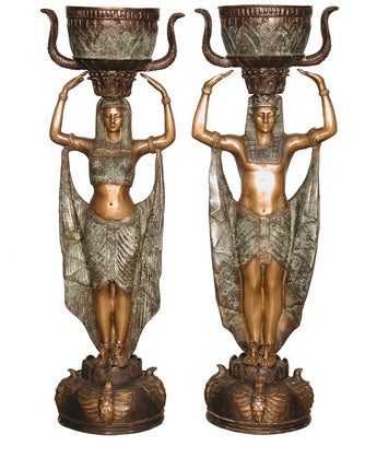 Bronze Egyptian Pharaoh & Princess Planter Urn Statues