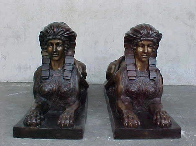 Grand Life Size Egyptian Bronze Sphinx Statue Pair