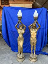 Load image into Gallery viewer, Pair of Antique Bronze Egyptian Floor Lamp Statues with Torchieres