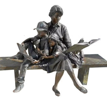 Load image into Gallery viewer, Bronze Reading Mother with Boy and Girl on Bench Statue