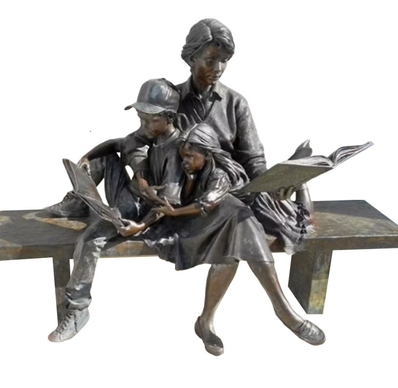 Bronze Reading Mother with Boy and Girl on Bench Statue