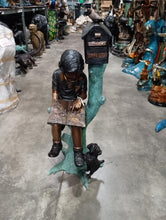 Load image into Gallery viewer, Bronze Reading Boy with Dog Mailbox Statue