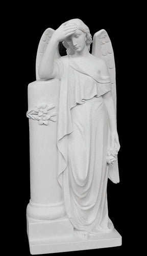 Sad Memorial Angel with Roses Marble Statue - 33”H