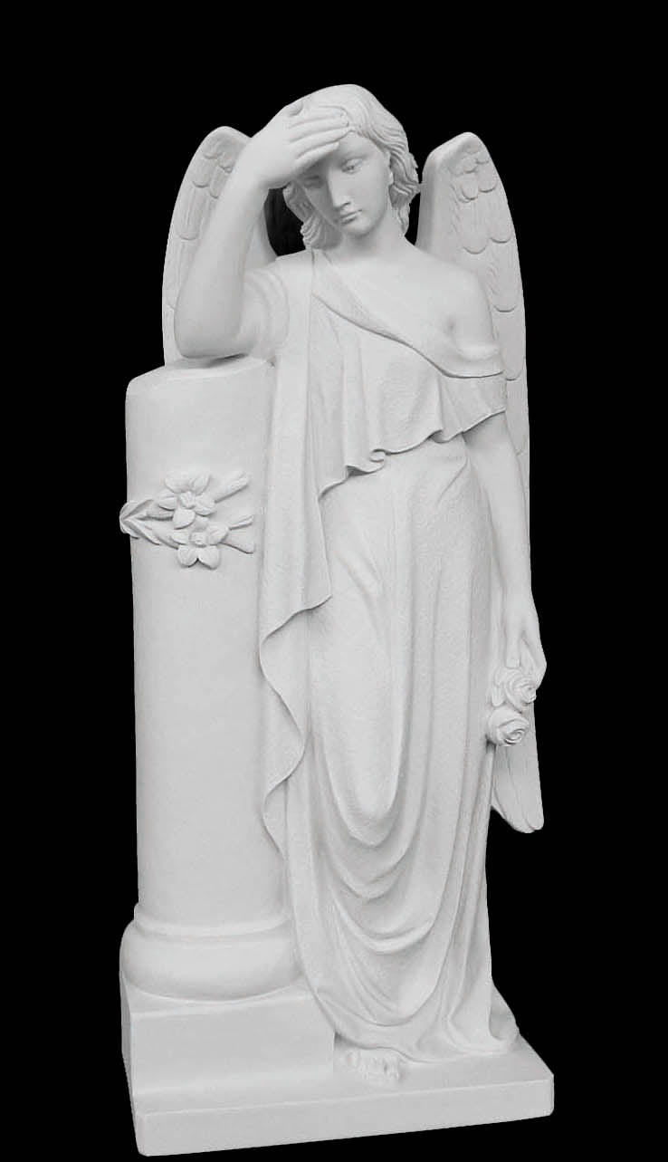 Sad Memorial Angel with Roses Marble Statue - 33”H