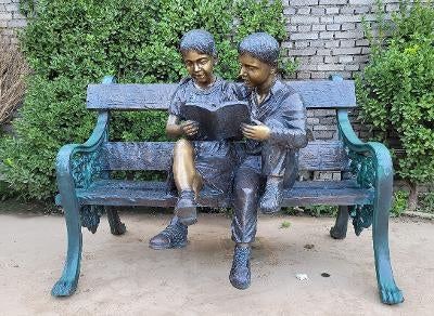 Large Bronze Reading Boy and Girl Library Statue