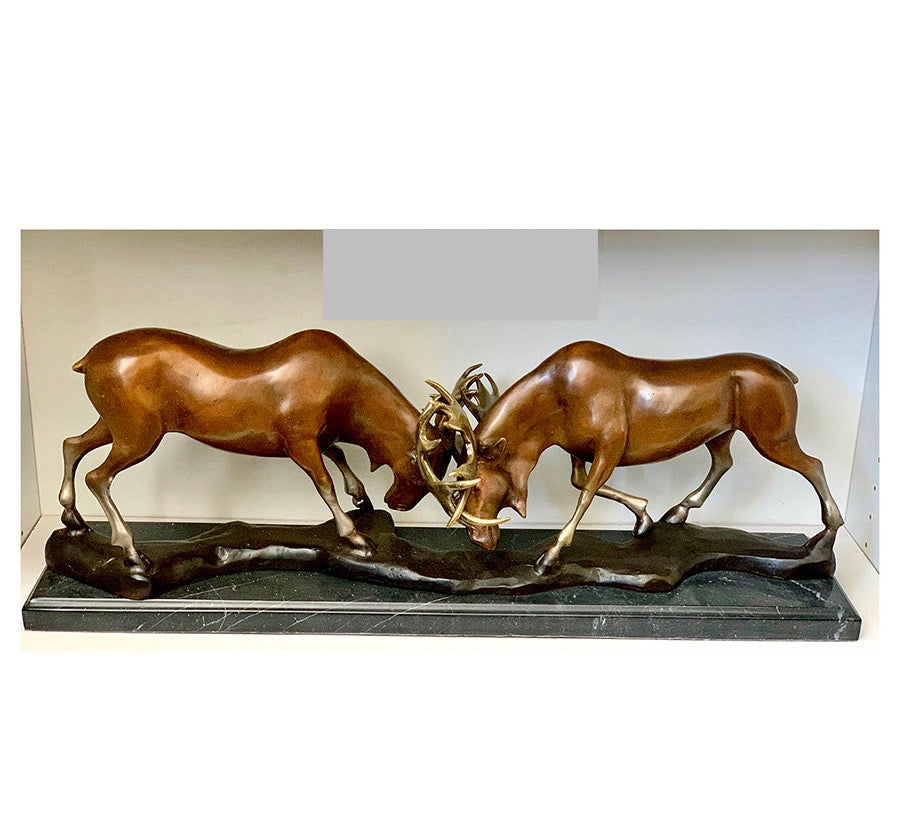 Tabletop Bronze Fighting Moose Sculpture