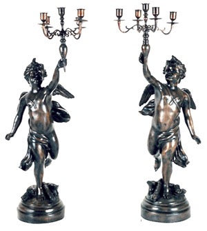 Large Bronze Renaissance Angel Candle Holder Pair