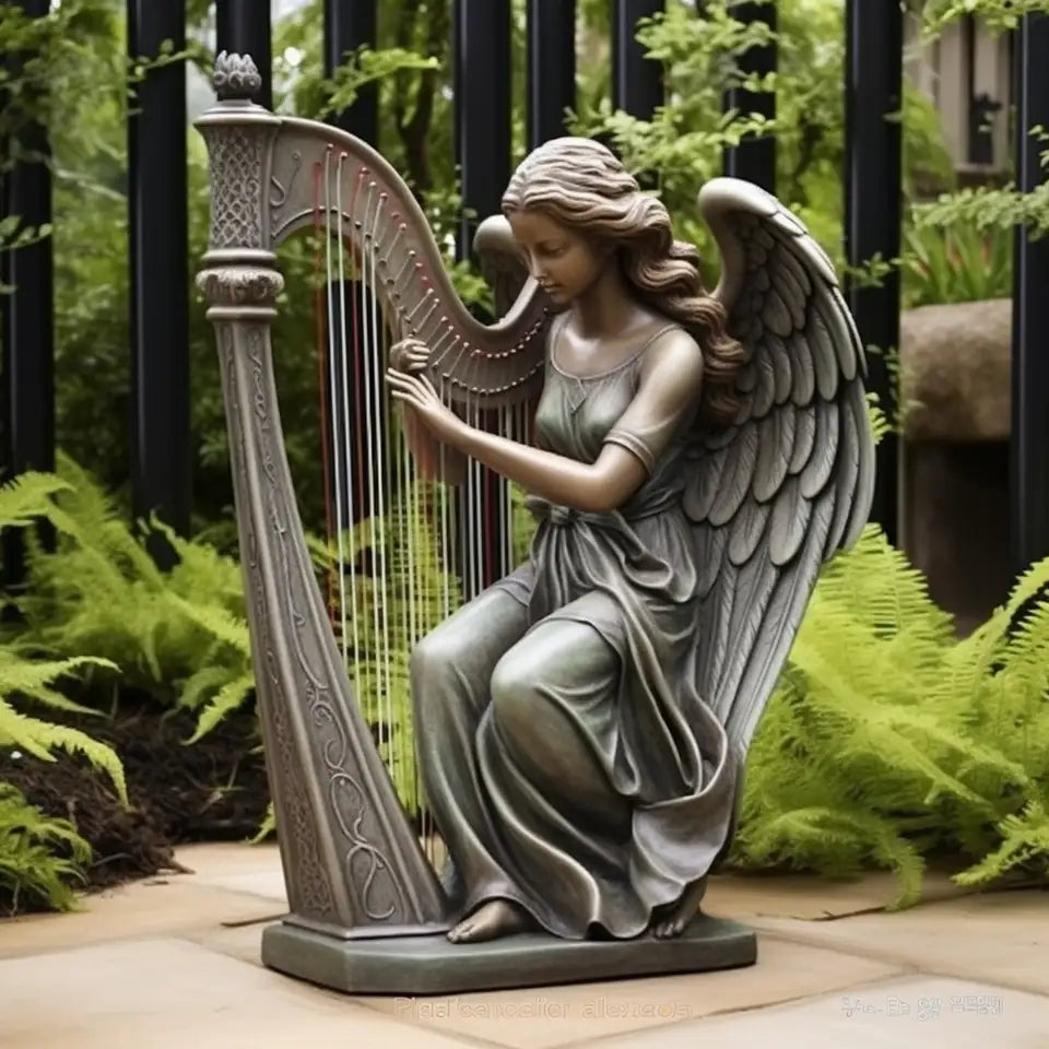 Bronze Angel With Harp Statue II