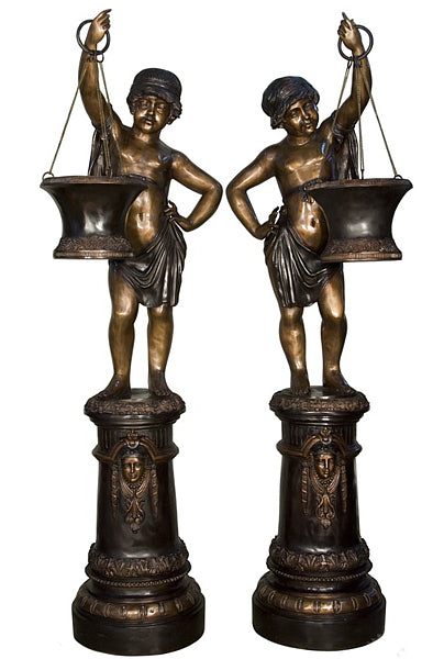Architectural Life Size Bronze Boy Planter Statues - Pair