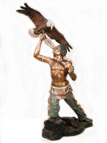 Life Size Bronze Native Indian Warrior with Bald Eagle Statue - 81”H