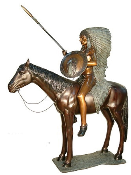 Bronze Native American Indian Chief on Horse Statue - 73”H