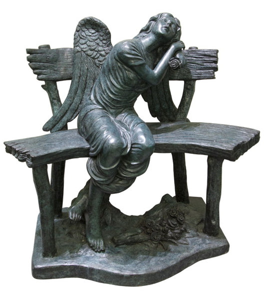 Bronze Memorial Angel with Roses on Bench Statue