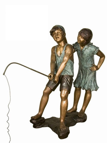 Large Memorial Bronze Fishing Boy and Sister Statue