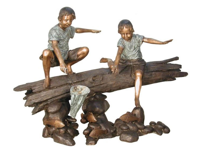 Bronze Monumental Fishing Boy on Log Statue