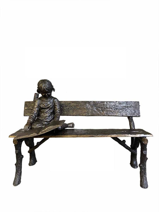 Bronze Girl Reading Book on Bench Sculpture