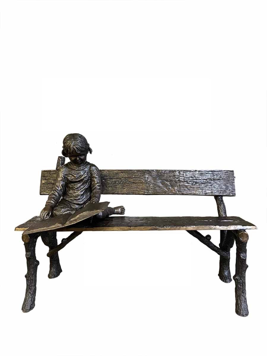 Bronze Girl Reading Book on Bench Sculpture