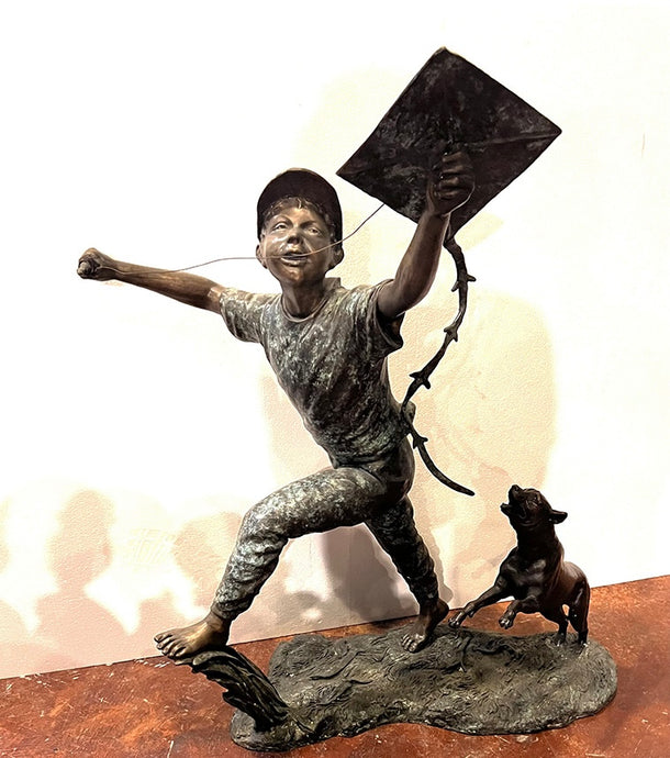Bronze Boy Holding Kite with Dog Statue