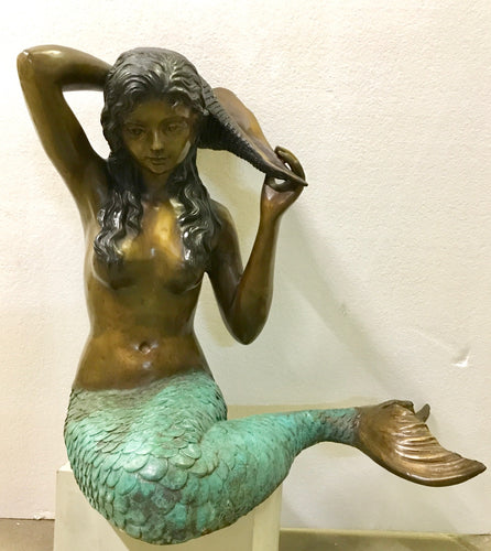 Bronze Mermaid Fountain Holding Conch Shell Statue